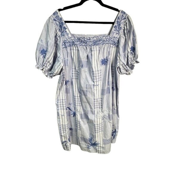 Johnny Was XL Marbella Square Neck Dress Blue Plaid Embroidered NWT MSRP $348 - Picture 6 of 8